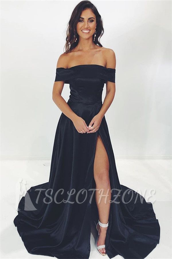 Glamorous Black Off-The-Shoulder Side-Slit A-Line Evening Dresses