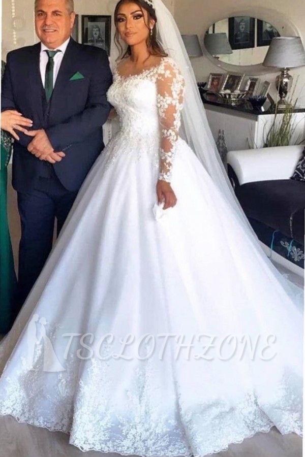 Long Sleeves White/Ivory  Bridal Gown Lace Appliques A-line Wedding Dress