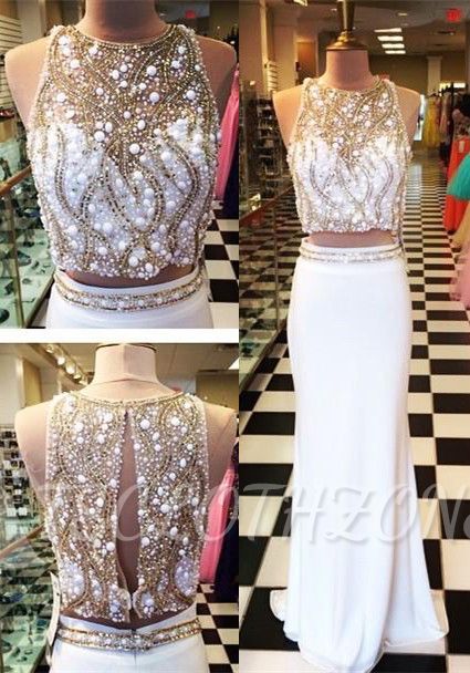 Two Piece Beaded Evening Dress Sweep Train White Pearls 2022 Prom Dresses