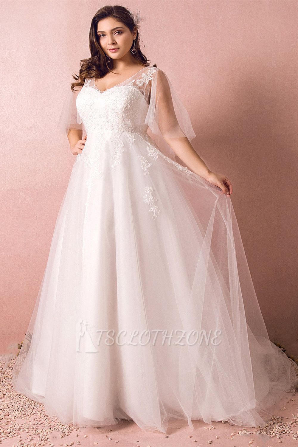 Elegant Plus Size Lace Wedding Dress A-line Floor Length V-neck Tulle Appliques Lace-up Poet Sleeves