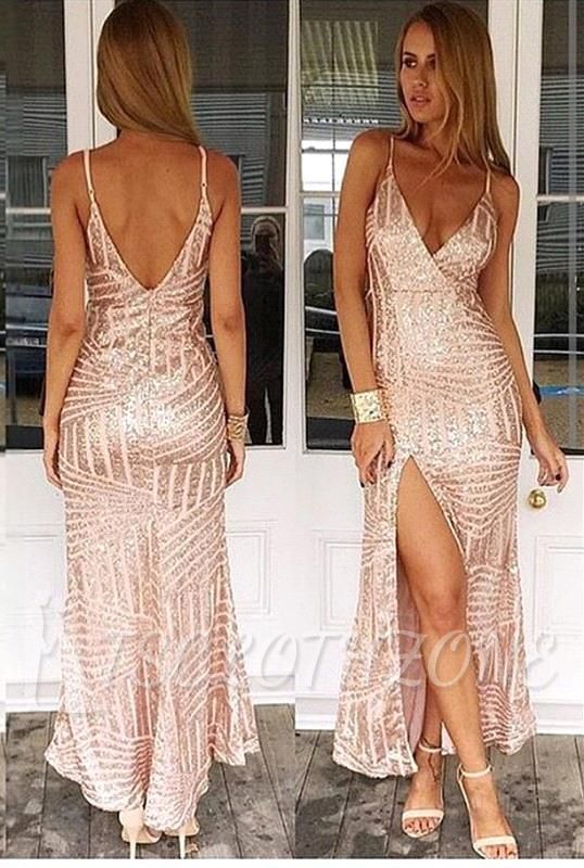 Spaghetti Straps Sexy V-neck Evening Dress Sequins Open Back Prom Dress with Split