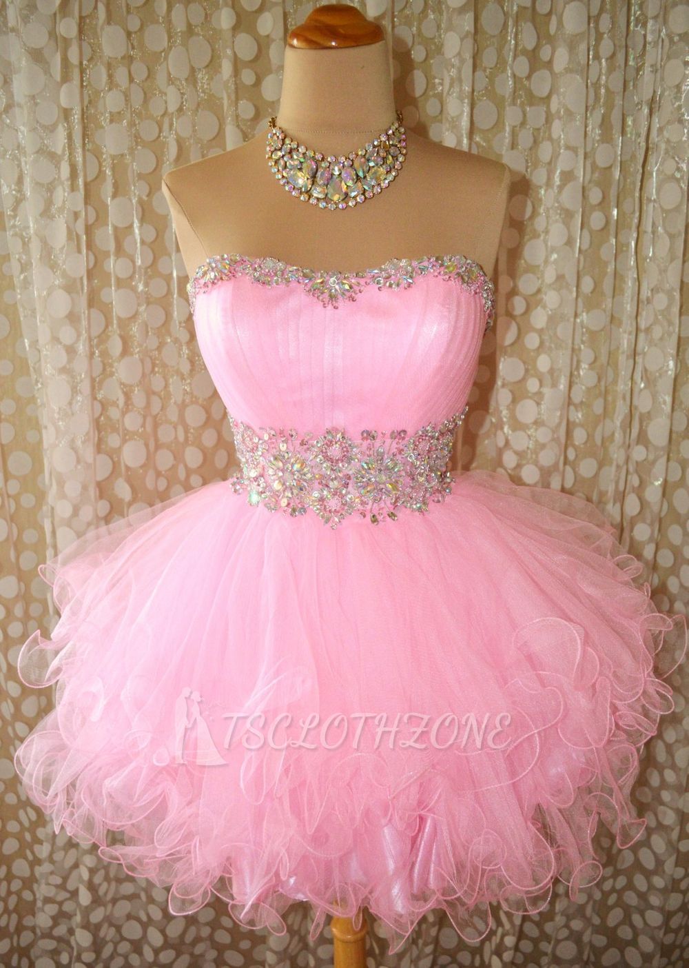 Cute Pink Crystal Organza Mini Homecoming Dresses Lace-Up Sweetheart Fitted Short Dress with Beadings