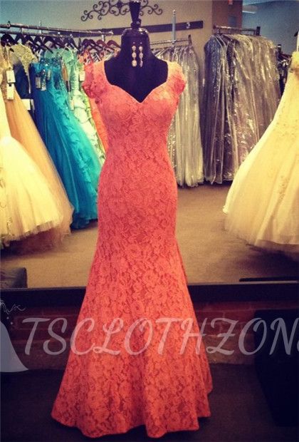 New Arrival Watermelon Cap Sleeve Mermaid Lace Evening Dresses Flooe Length Prom Gowns