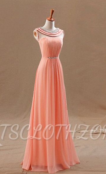 High Neck Long Peach Prom Dresses for Junior with Crystal Collar Sash Chiffon Popular Pretty Evening Gowns