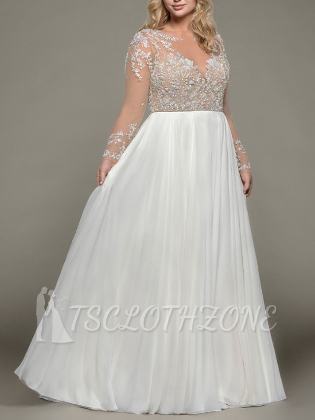 Romantic Plus Size A-Line Wedding Dress Bateau Satin Tulle Long Sleeve Bridal Gowns