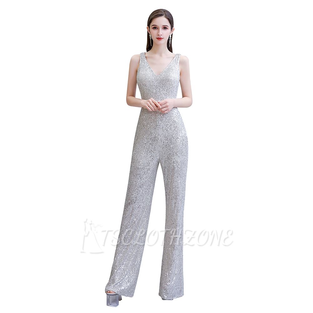 Sexy Shining V-neck Silver Sequin Sleeveless Prom Jumpsuit