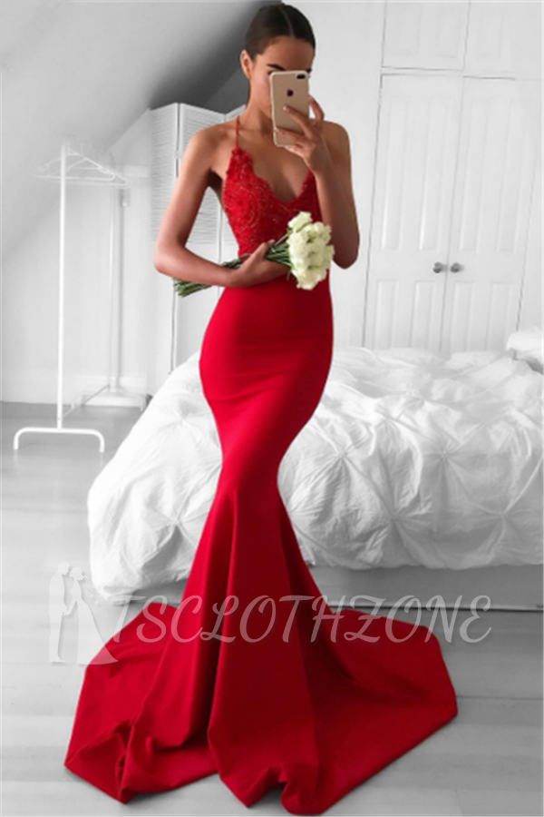 Spaghetti-Träger tiefer V-Ausschnitt Rote Abendkleider 2022 Mermaid Sexy Ballkleid