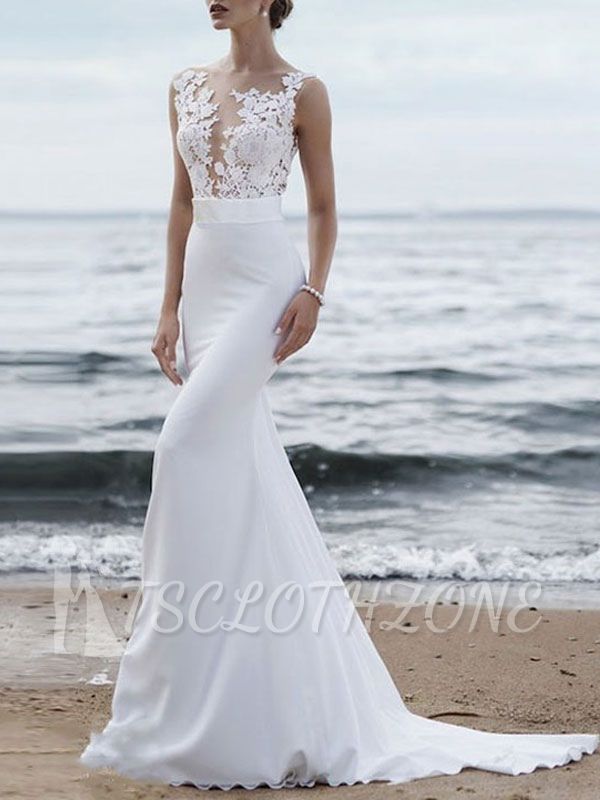 Polyester Sleeveless White Lace Buttons Mermaid Wedding Dresses