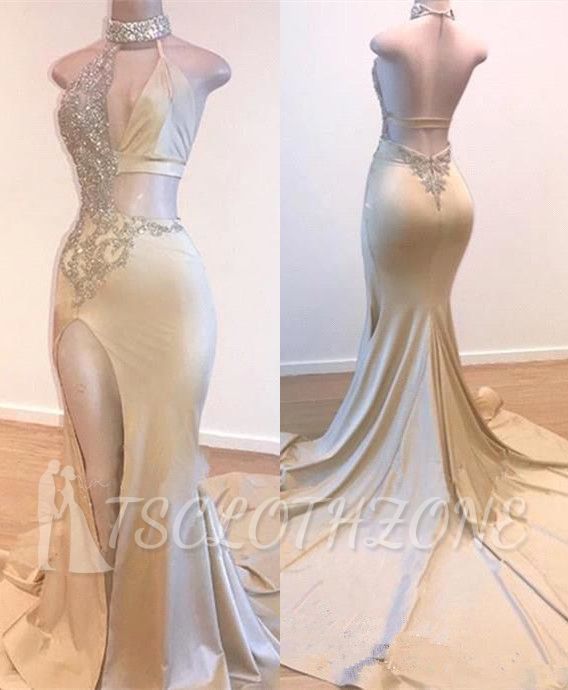 Crystal Halter Side Slit Prom Dresses | A-Line Backless Sleeveless Evening Dresses
