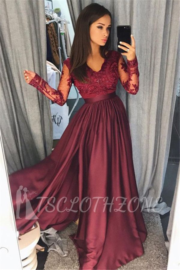 Long Sleeve Burgundy Lace Prom Dress V-neck New Arrival Formal Evening Dress with Split