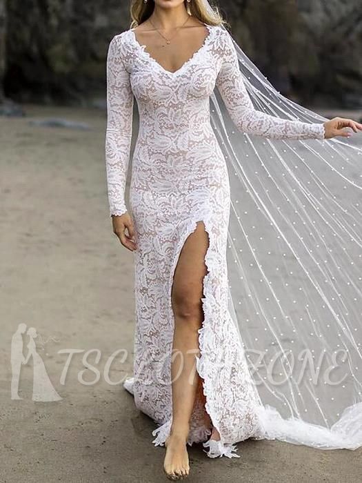Stilvolles Spitzen-Hochzeitskleid mit V-Ausschnitt und langen Ärmeln, vorne geschlitzte Brautkleider mit Schleppe
