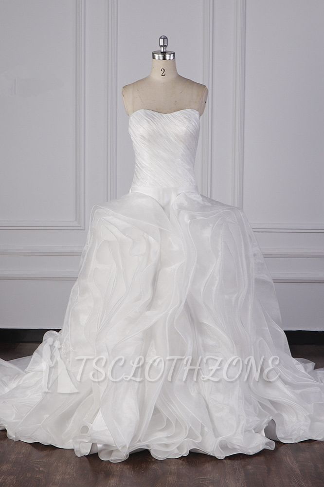 TsClothzone Stilvolles trägerloses weißes Brautkleid aus Organza mit Rüschen und ärmellosen Brautkleidern im Angebot