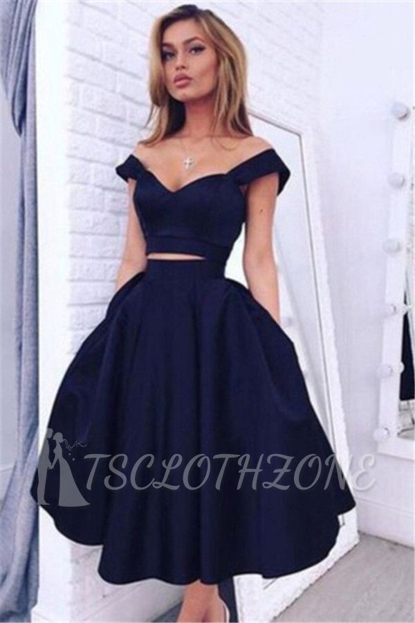 A-Line Knee Length Cocktail Dress Two Piece Off the Shoulder Summer Homecoming Dresses