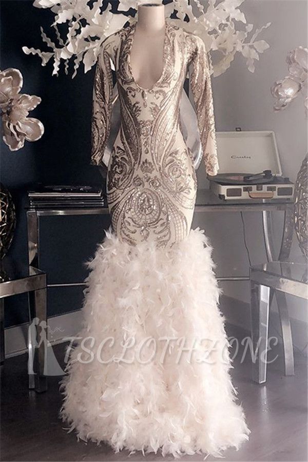 Glamouröse Applikationen Pelz V-Ausschnitt mit langen Ärmeln Mermaid Prom Dresses