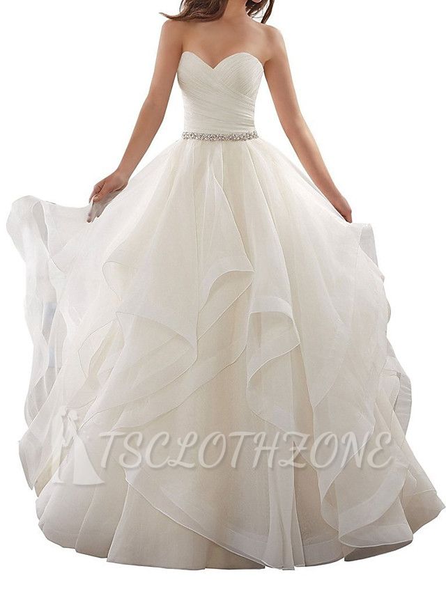 Plus Size A-Line Wedding Dresses Sweetheart Organza Strapless Bridal Gowns with Chapel Train