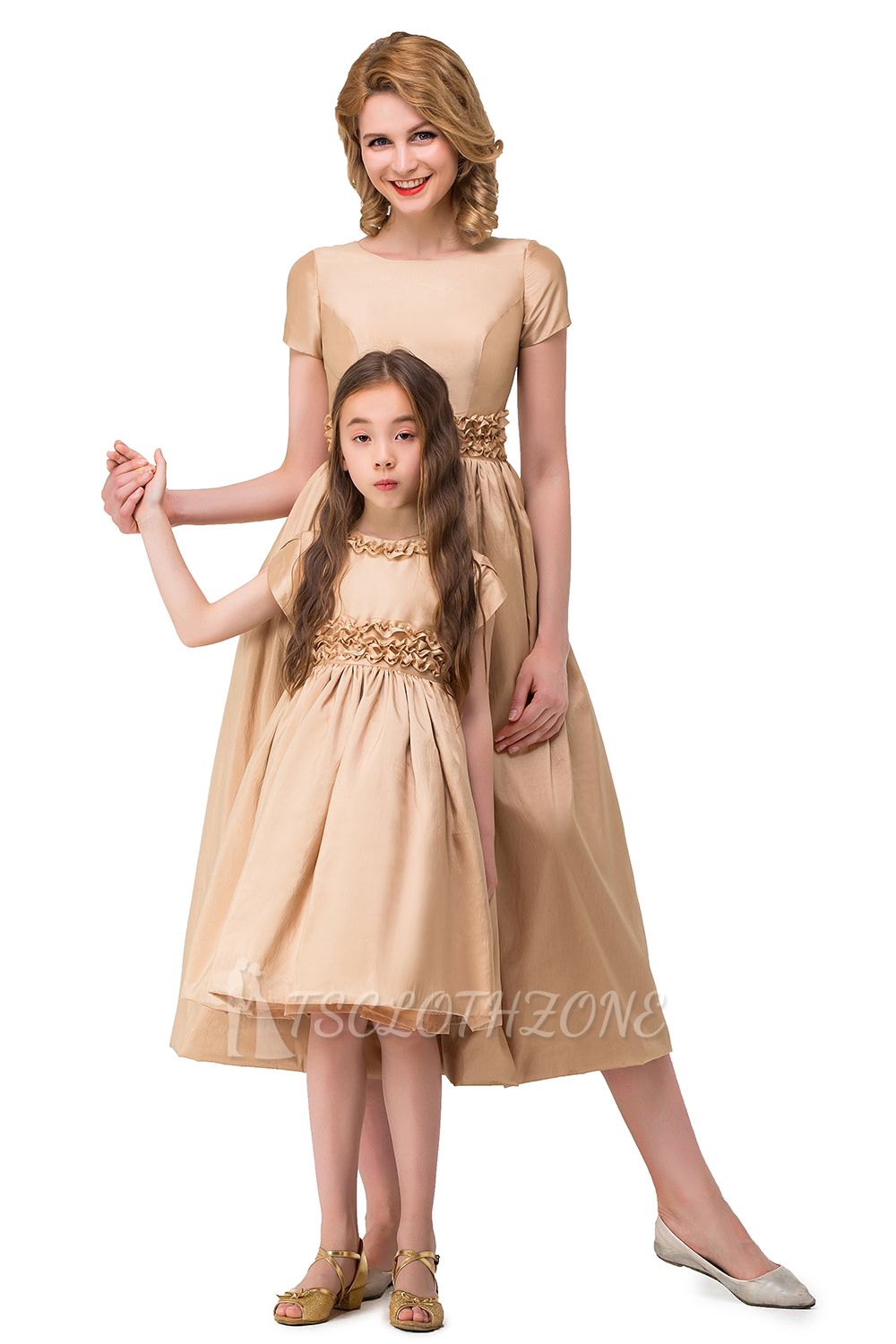 HAZEL | A-line Satin Jewel Short Sleeves Knee Length Mother Daughter Dresses