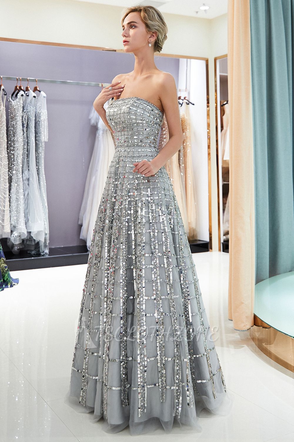 MARJORY | A-line Floor Length Strapless Sequined Chiffon Party Dresses