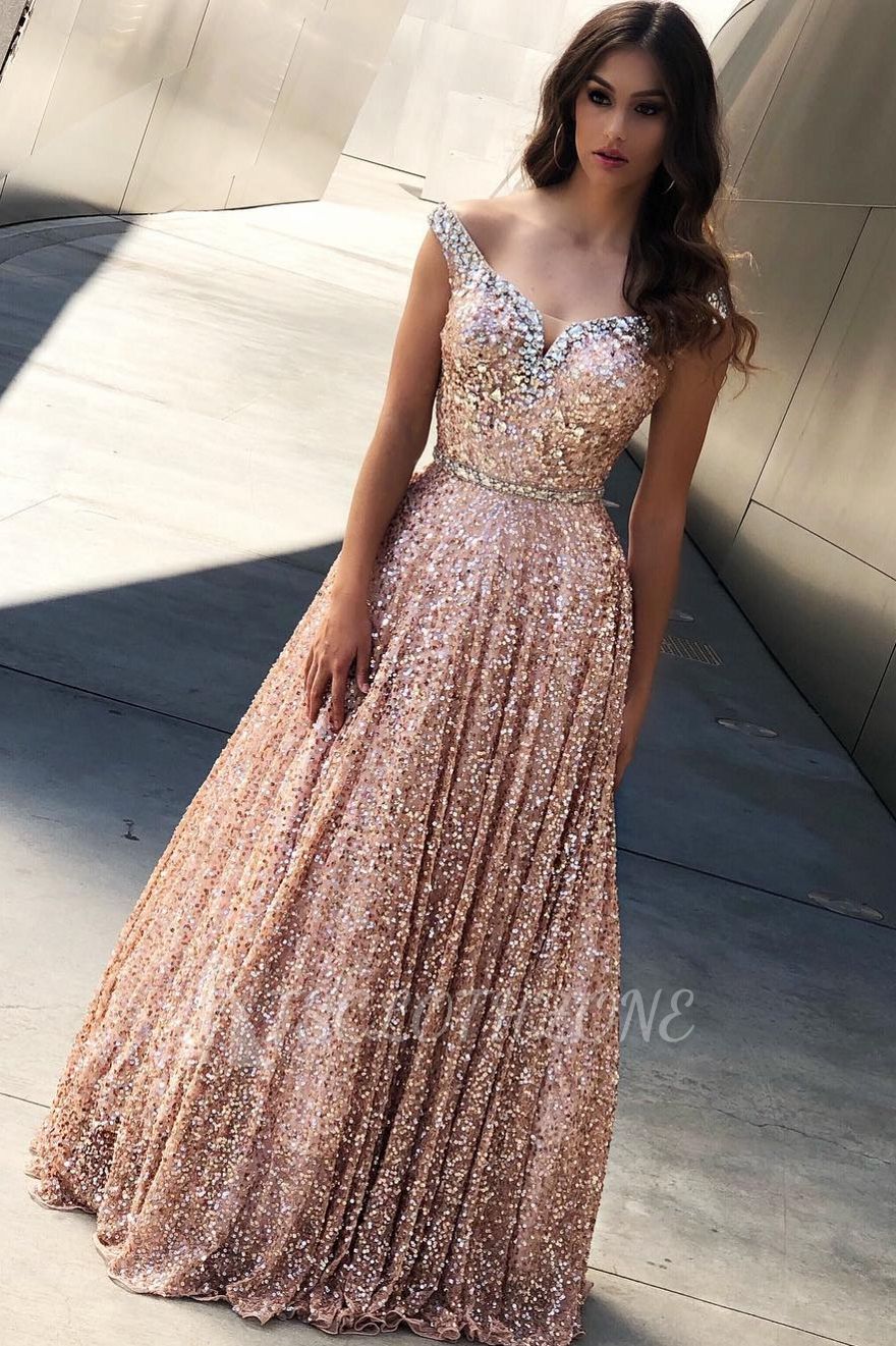 Rose Gold Sequins Evening Dresses |Off The Shoulder Sexy Bling-bling Prom Dress
