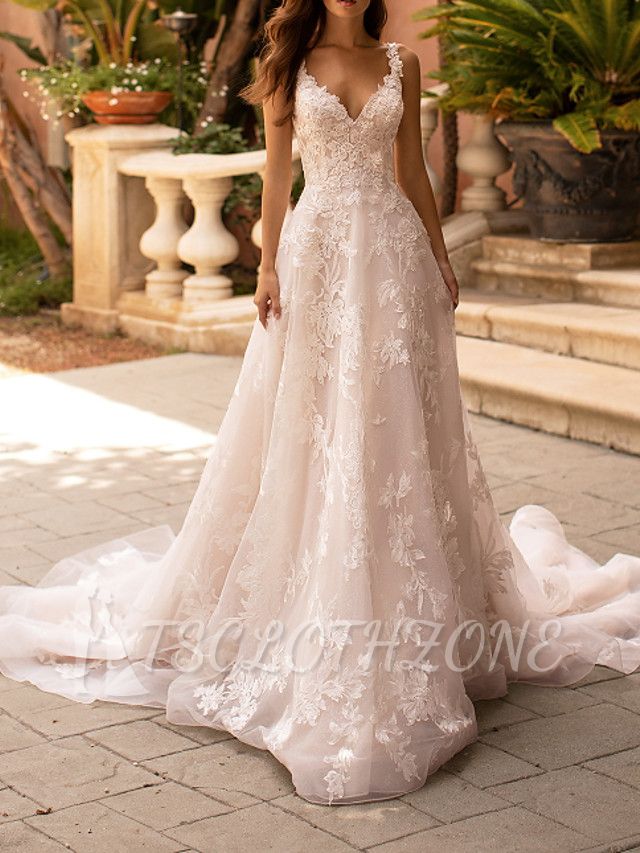 Sleeveless V Neck Tulle Lace Ivory A-Line Wedding Dresses