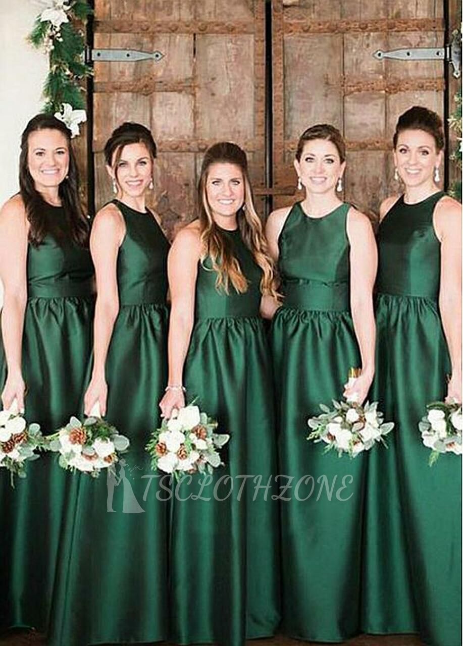 Elegant Satin Jewel Dark Green Long A-line Bridesmaid Dress