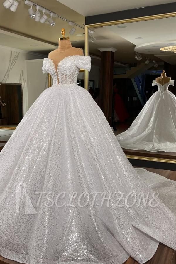 Gorgeous Off Shoulder Sparkly Sequins Ball Gown Deep V-Neck Cathedral Train