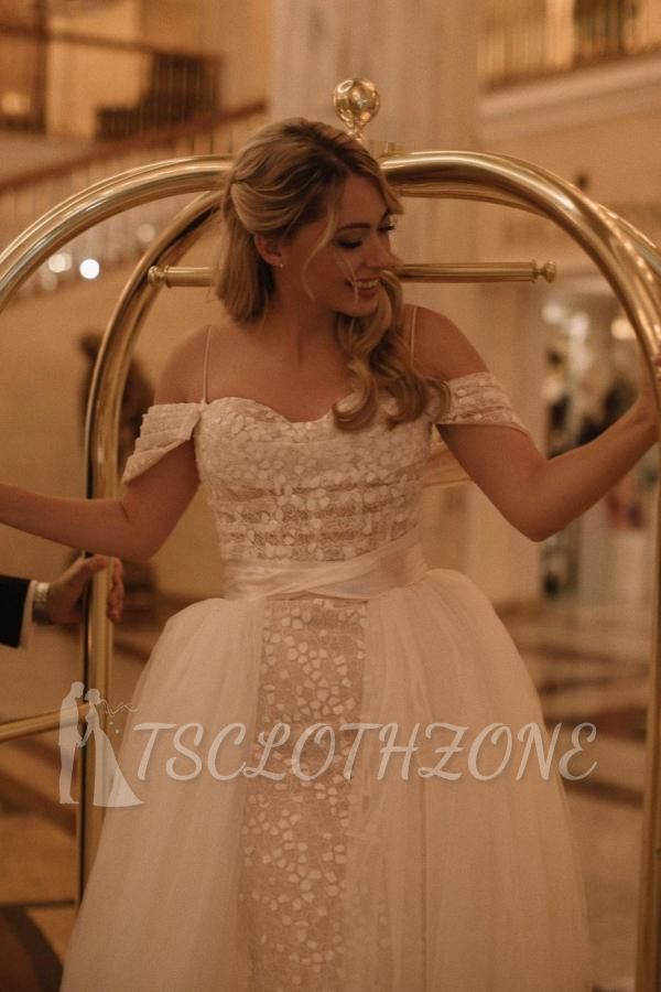 Off Shoulder Floral Lace Mermaid Wedding Dress with Detachable Tulle Train