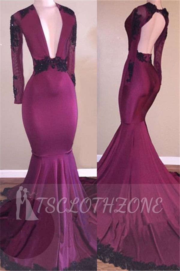 Deep V-neck Black Lace Appliques Prom Dress | Long Sleeve Mermaid Sexy Evening Gown