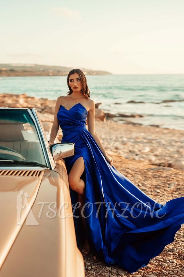 Charming Royal Blue Long Evening Dress with Side Slit Sleeveless Satin Party Dress