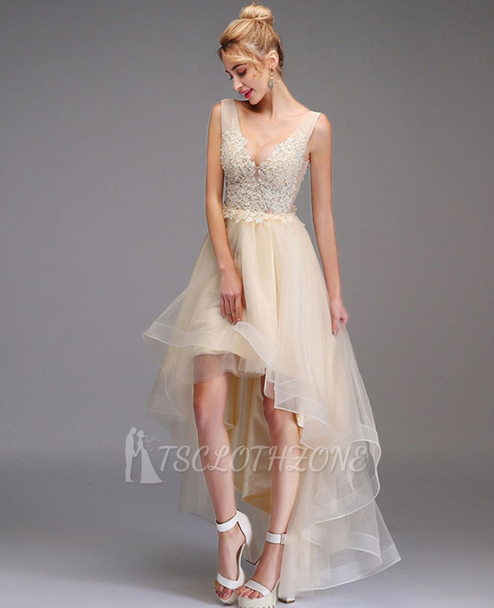 High-Low Prom Kleid A-Linie Ärmelloses Doppel-V-Ausschnitt Princess Partykleid Spitze Tüll rückenfreies Kleid