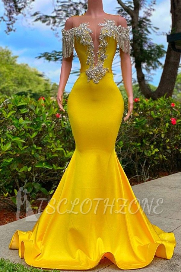 Gorgeous Yellow Tassel Off the Shoulder Beading Prom Dress with Ruffles