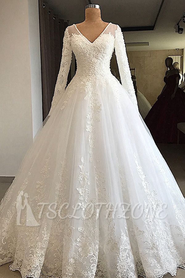 Gorgeous V-neck Long Sleeve Lace Wedding Dress | TsClothzone White Princess Bridal Gowns Online