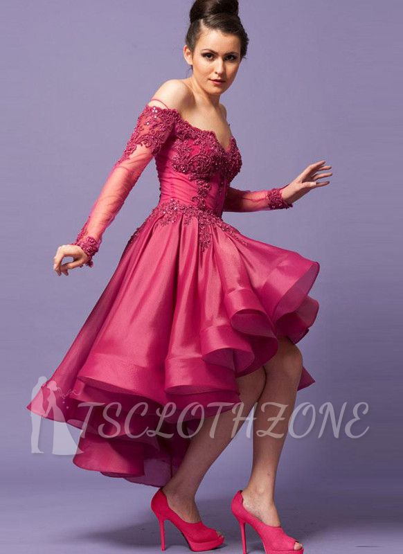 Long Sleeve Fushia Hi-Lo Prom Dress New Arrival Off the Shoulder Lace Evening Gown