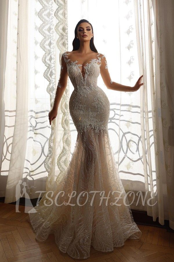 Luxuriöses Brautkleid mit Meerjungfrauenärmeln aus Spitze ｜Hochzeitskleider mit Ärmeln