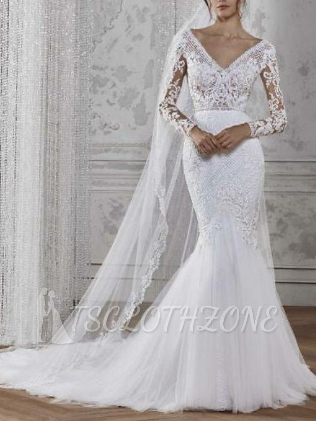Boho Mermaid Wedding Dresses V-Neck Lace Tulle Long Sleeve Bridal Gowns Illusion Sleeve Bridal Gowns Court Train