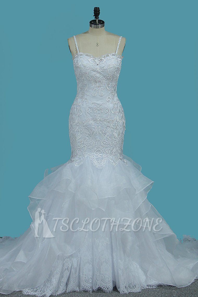 TsClothzone Gorgeous Straps Sweetheart Mermaid Wedding Dress Tulle Lace Appliques Ruffles Bridal Gowns Online