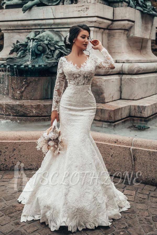 Elegantes weißes Blumenspitze-Meerjungfrau-Frühlings-Hochzeits-Kleid-langärmliges V-Ausschnitt-dünnes Brautkleid