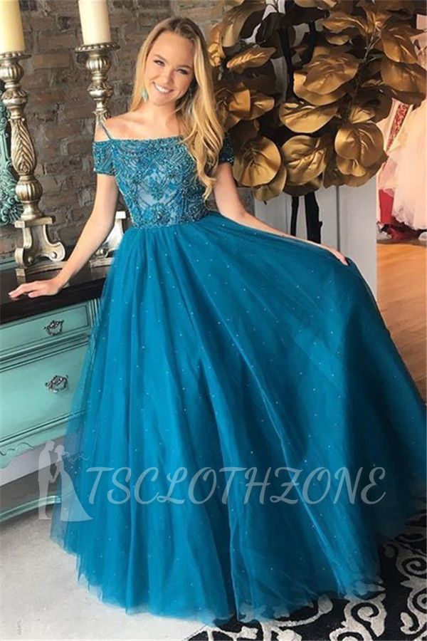 Elegant A-Line Off-the-Shoulder Tulle Prom Dresses 2022 Floor Length Evening Gowns with Beadings