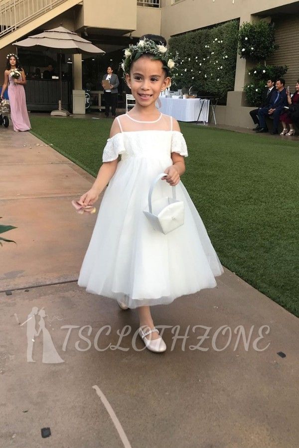 Pretty Cold-Shoulder Tulle Flower Girl Dresses | White Lace Little Girls Pageant Dresses