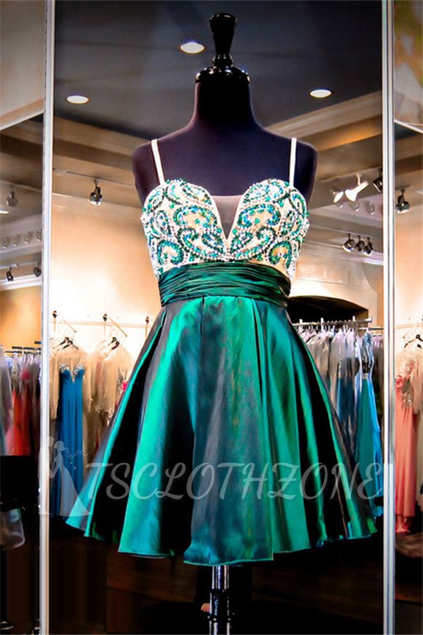 Straps Green Beaded Short Evening Dresses Stretch Satin Turquoise 2022 Homecoming Dress