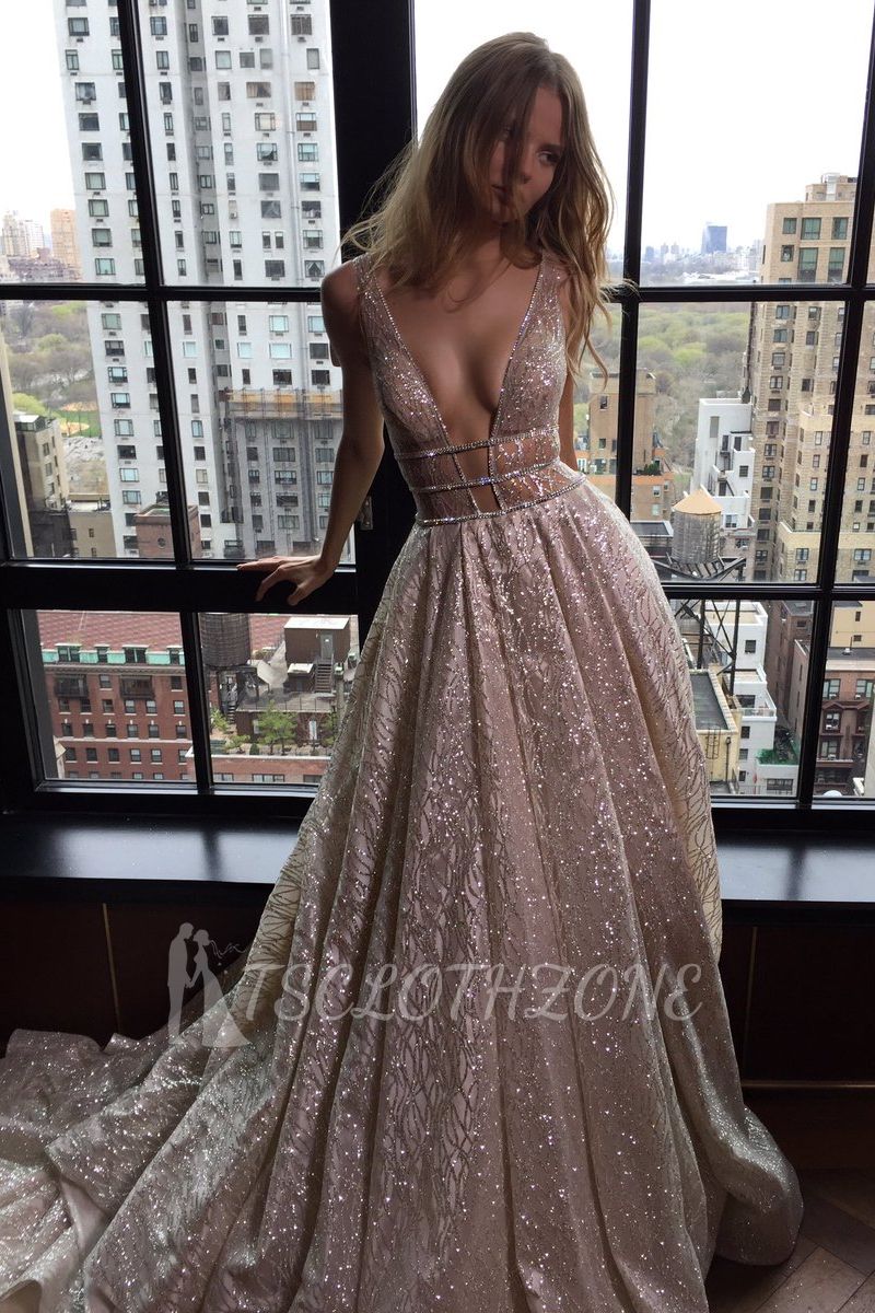 Sexy V-Neck Sleeveless Prom Dress Long Sequins