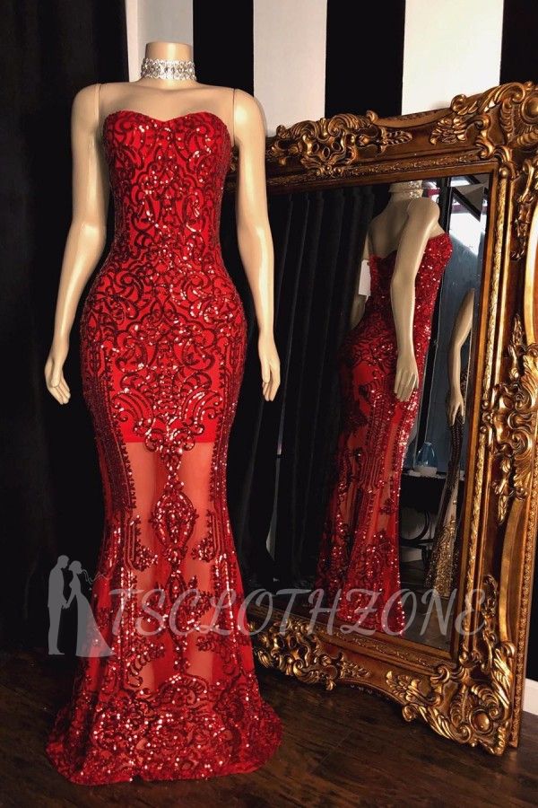 Sweetheart Strapless Sequins Pattern Long Mermaid Prom Gowns