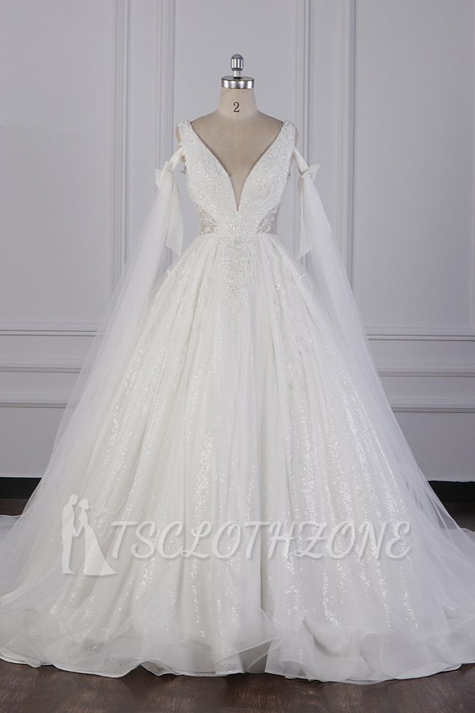 TsClothzone Luxury V-Neck Beadings Wedding Dress Tulle Sleeveless Sequined Bridal Gowns On Sale