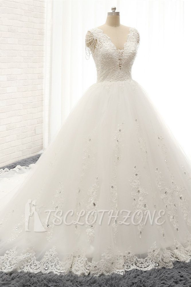TsClothzone Glamorous V neck Straps White Wedding Dresses With Appliques A line Sleeveless Tulle Bridal Gowns Online