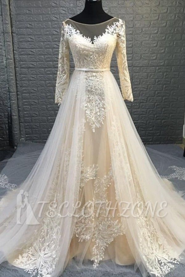 Elegant Long Sleeve Lace Appliques Tulle Wedding Dress Bridal Gowns Detachable Train