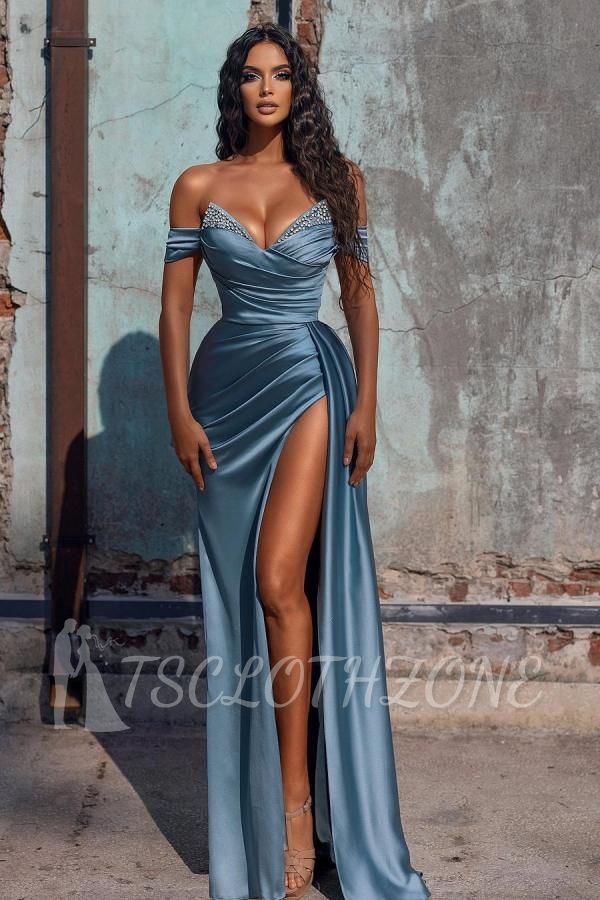 Off Shoulder Satin Mermaid Ball Gown Side Slit Party Dress With Detachable Tail
