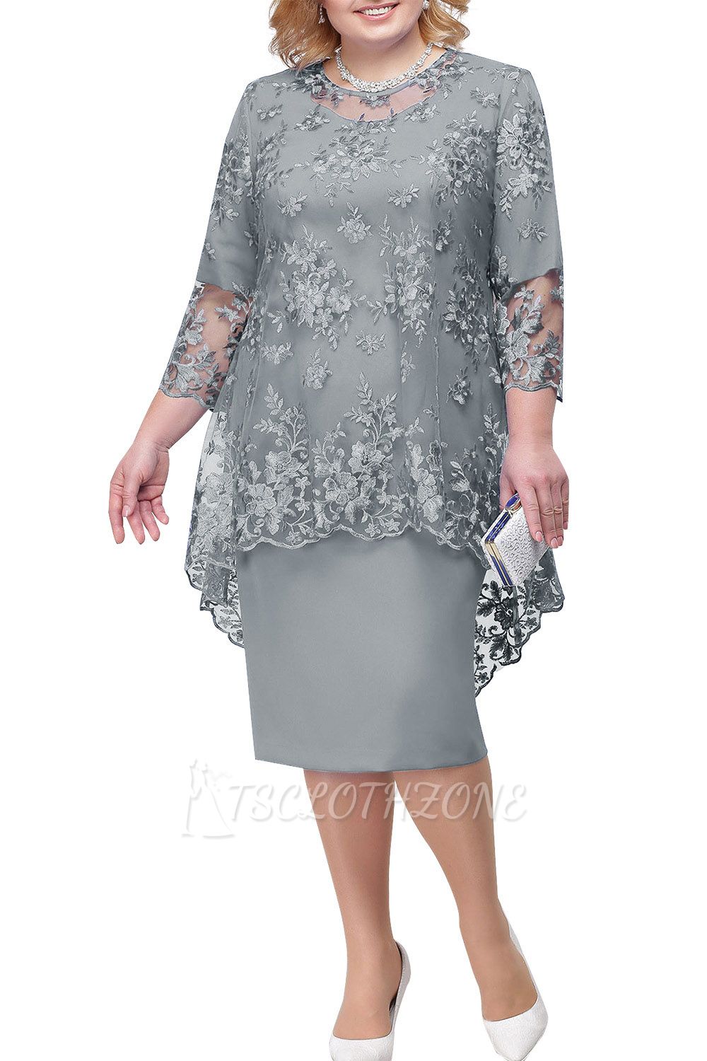 Tulle Lace 3/4 Sleeves Knee Length Mother of Bride Dress | Mother Wedding Party Dress