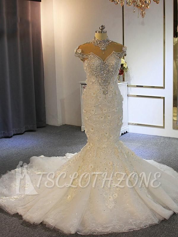 Shiny Crystal High Neck Floral Wedding Dresses | Sheer Tulle Sleeveless Mermaid Bridal Gowns