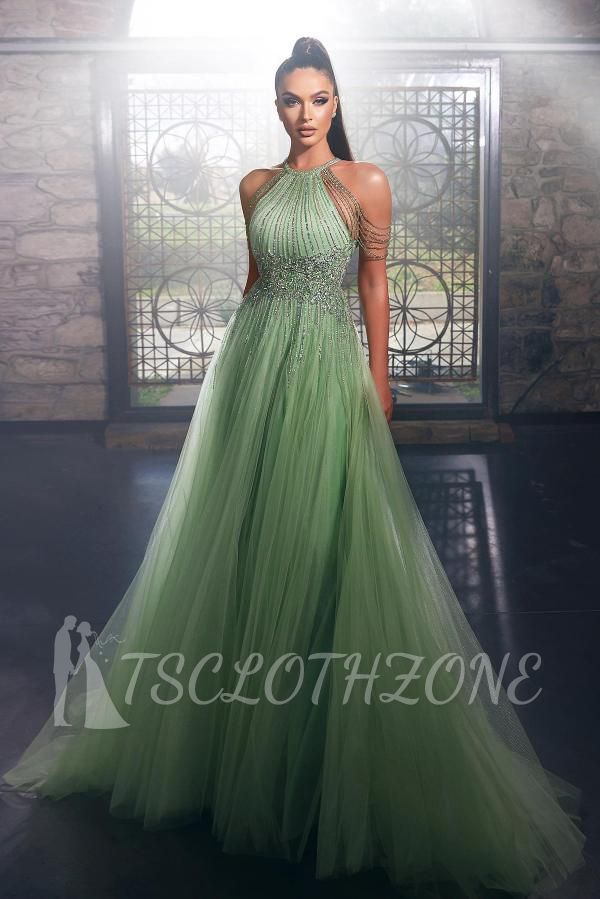 Halter sparkle green tulle keyhole floor lenth prom dress