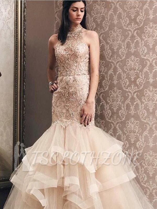 Elegant Mermaid Light Champagne Tulle High Neck Beading Prom Dress | Evening Dress