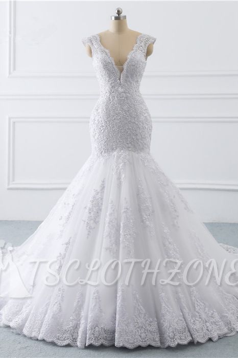 TsClothzone Wunderschönes Tüll-Spitzen-Hochzeitskleid mit V-Ausschnitt, ärmellose Meerjungfrau-Applikationen, Brautkleider im Angebot